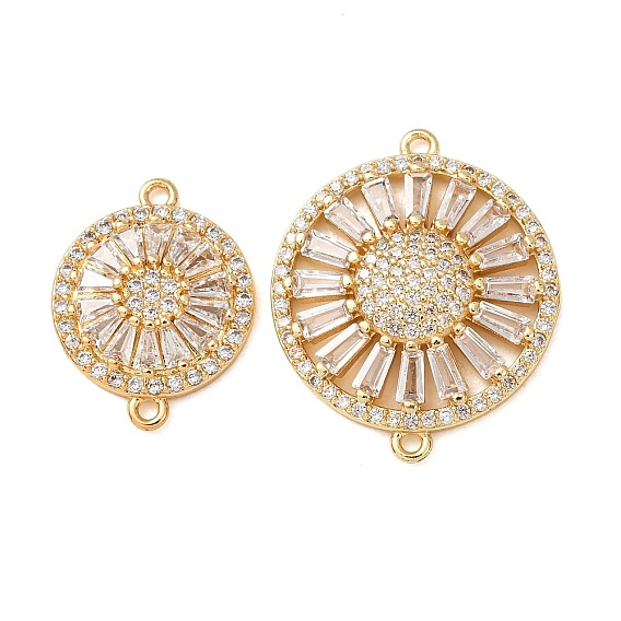 Brass Pave Clear Cubic Zirconia Connector Charms, Flat Round Links, Rack Plating, Long-Lasting Plated, Cadmium Free & Lead Free