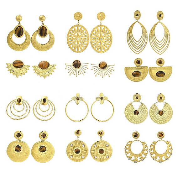 304 серьги-гвоздики из нержавеющей стали с натуральным тигровым глазом в стиле бохо