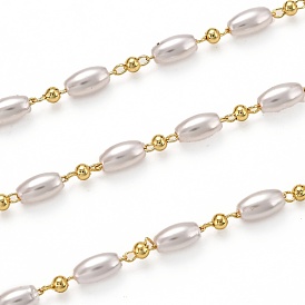 Handmade Brass Link Chains, with Acrylic Imitation Pearl and Spool, Long-Lasting Plated, Soldered