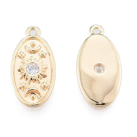 Brass Pave Clear Cubic Zirconia Pendants, Cadmium Free & Nickel Free & Lead Free, Oval with Moon & Star