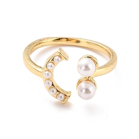 Smiling Face Imitation Pearl Cuff Ring for Women, Wire Wrap Brass Open Ring, Cadmium Free & Lead Free
