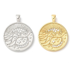 Подвески из латуни с покрытием из прозрачного кубического циркония, долговечный, без свинца и без кадмия, плоские круглые с луной