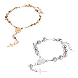Unicraftale Rosary Bead Bracelets with Cross, 304 Stainless Steel Bracelet for Easter, Oval with Virgin Mary