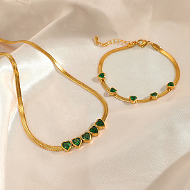 Vintage French Green Heart Necklace Set with 5 Snake Bone Chains - Fashionable and Trendy