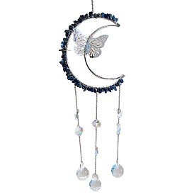 Gemstone Chip Wrapped Moon with Butterfly Hanging Ornaments, Glass Teardrop Tassel Suncatchers for Home Outdoor Decoration