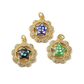 Brass Micro Pave Cubic Zirconia Pendants, with Enamel Shell, Flower with Star