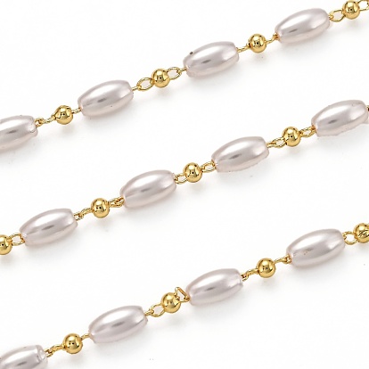 Handmade Brass Link Chains, with Acrylic Imitation Pearl and Spool, Long-Lasting Plated, Soldered