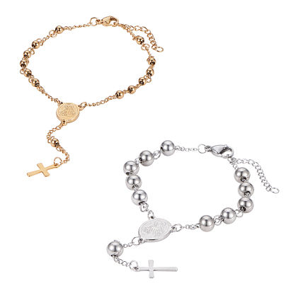 Rosary Bead Bracelets with Cross, 304 Stainless Steel Bracelet for Easter, Oval with Virgin Mary