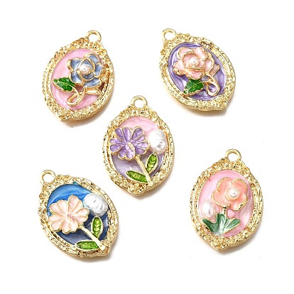 Подвески из эмали и сплава, с ABS имитации жемчуга, овальные с цветком, стойки покрытие, долговечный, без свинца, без кадмии и без никеля, золотые