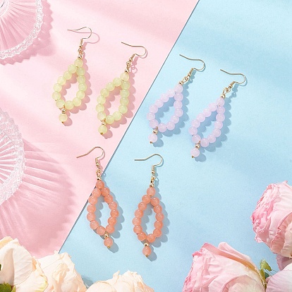 3 пары 3 цвета искусственный нефрит стеклянные бусины каплевидные серьги-подвески, с 304 нержавеющей стали серьги крючки, золотые