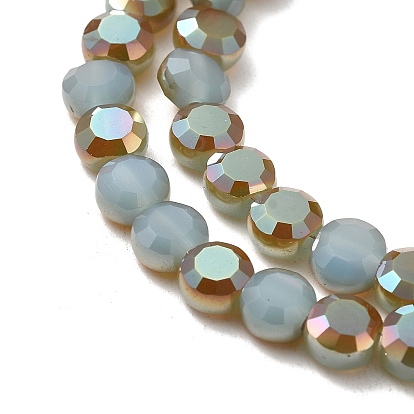 Electroplate Glass Beads Strands, Half Plated, Imitation Jade, Faceted Flat Round, 6x4mm, Hole: 1mm