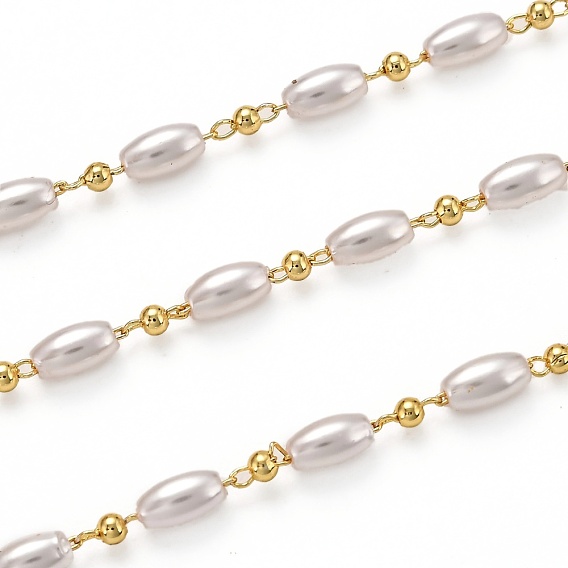Handmade Brass Link Chains, with Acrylic Imitation Pearl and Spool, Long-Lasting Plated, Soldered