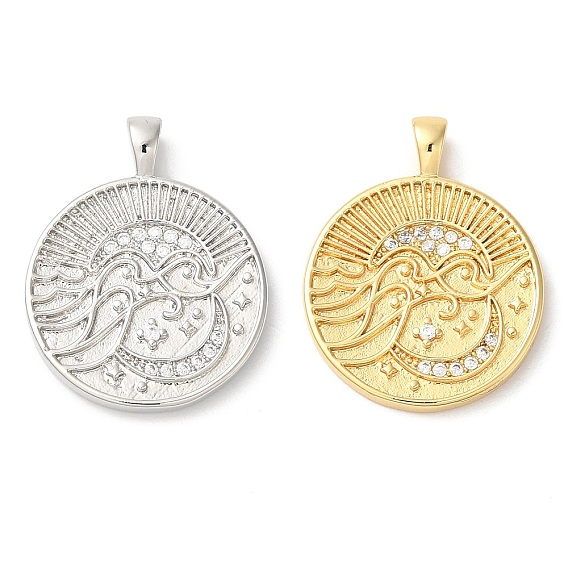 Подвески из латуни с покрытием из прозрачного кубического циркония, долговечный, без свинца и без кадмия, плоские круглые с луной