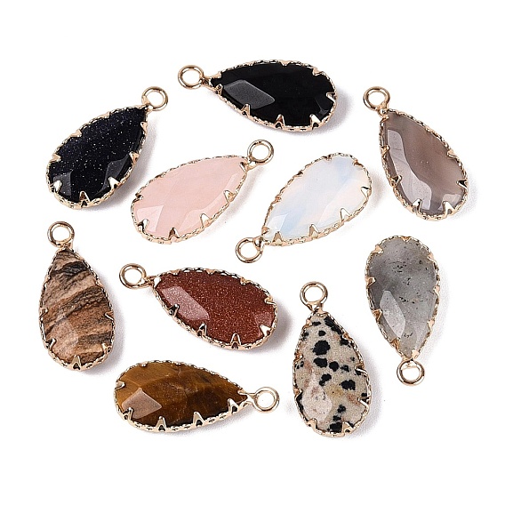 Natural & Synthetic Gemstone Faceted Pendants, Brass Teardrop Bezeled Charms, Golden