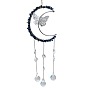 Gemstone Chip Wrapped Moon with Butterfly Hanging Ornaments, Glass Teardrop Tassel Suncatchers for Home Outdoor Decoration