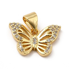 Rack Plating Brass Micro Pave Cubic Zirconia Pendants, Cadmium Free & Lead Free, Real 18K Gold Plated, Hollow Butterfly Charm