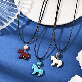 3Pcs 3 Styles Dyed Synthetic Turquoise Horse Pendant Black Waxed Cord Necklaces, Platinum