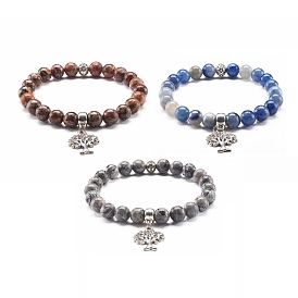 Natural Mixed Stone Round Beads Stretch Bracelet for Girl Women, Tree of Life Alloy Charm Bracelet
