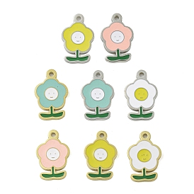 304 Stainless Steel Charms, with Enamel, Flower with Smiling Face Charm