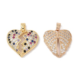 Brass Micro Pave Cubic Zirconia Pendants, Heart, Colorful/Clear