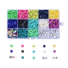 2470~2600 piezas 13 colores kits de abalorios heishi, arcilla polimérica hecha a mano plana redonda / cuentas de disco, con 140 cuentas de letras acrílicas al azar