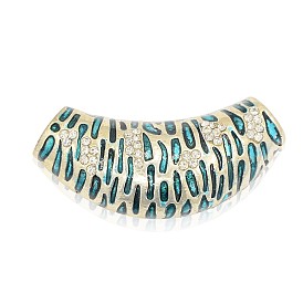 Antique Silver Alloy Rhinestone Enamel Curved Tube Beads, Curved Tube Noodle Beads, Hollow, 47x14~19x15mm, Hole: 8x9mm