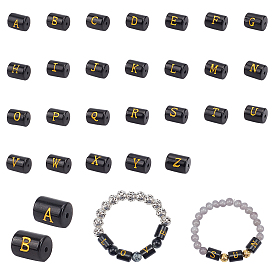 PandaHall Elite 26Pcs 26 Style Painted Glass Beads, Black Column with Gold Letter