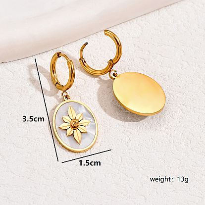 Stainless Steel Huggie Hoop Earrings, with Shell, Oval with Flower Dangle Earring for Women