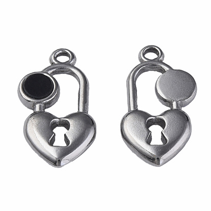 304 Stainless Steel Pendants, with Dyed Black Shell, Heart-Shaped Lock
