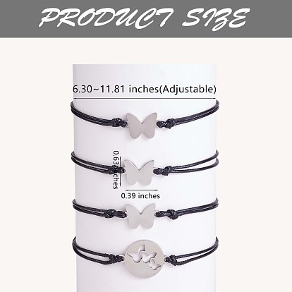 4Pcs 4 Style 430 Stainless Steel Butterfly Link Bracelets Set, Match Adjustable Bracelets for Best Friends Couple Family