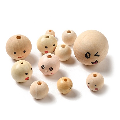 Wood European Beads, Round with Smiling Face
