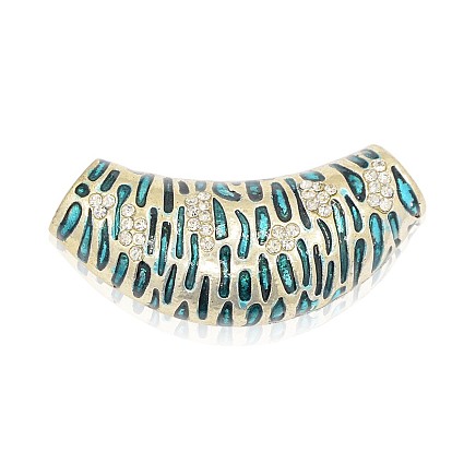 Antique Silver Alloy Rhinestone Enamel Curved Tube Beads, Curved Tube Noodle Beads, Hollow, 47x14~19x15mm, Hole: 8x9mm