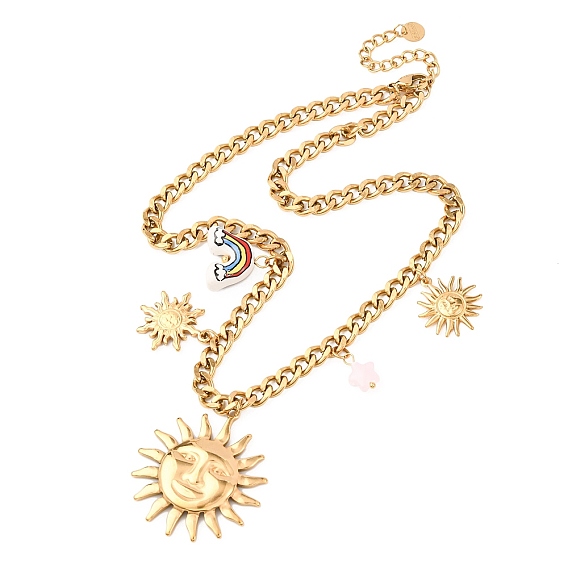 304 Женские ожерелья с подвеской в виде солнца из нержавеющей стали, фарфора и стекла, ионное покрытие (ip), красочный