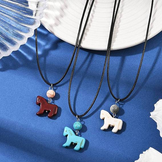 3Pcs 3 Styles Dyed Synthetic Turquoise Horse Pendant Black Waxed Cord Necklaces, Platinum