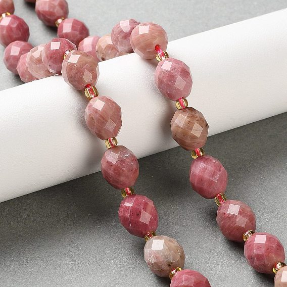 Природные родонит бисер нитей, граненые, овальные, с бисером