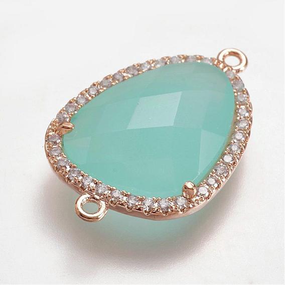 Brass Micro Pave Cubic Zirconia Links, with Imitation Jade Faceted Glass, Triangle, Light Gold