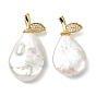 Барочные подвески из натурального жемчуга кеши, слезинки, с латунными микропаве и прозрачными фианитами в форме листа, зажимами для крепления., белые