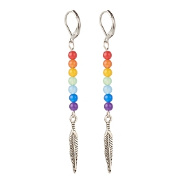 Jade de malaisie naturel avec boucles d'oreilles pendantes longues en plumes d'alliage, 7 bijoux en pierres précieuses chakra pour femmes
