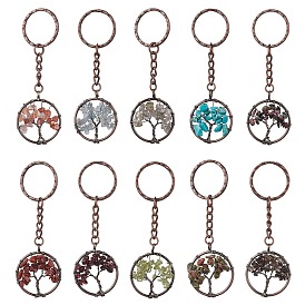 Brass Wire Wrapped Natural & Synthetic Mixed Stone Pendant Keychain, with Iron Split Key Rings, Tree of Life