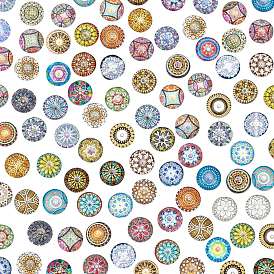 PandaHall Elite 100Pcs Glass Cabochons, DIY Accessories for Jewelry Making, Flat Round with Retro Mixed Pattern