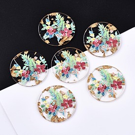 Transparent Epoxy Resin Pendants, with Gold Foil, 3D Printed, Flat Round with Flower Pattern