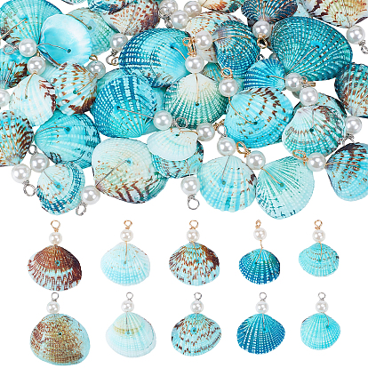 50Pcs 2 Colors Dyed Natural Shell & Imitaiton Round White Pearl Pendants, Shell Shape Charms, Deep Sky Blue