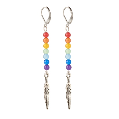 Jade de malaisie naturel avec boucles d'oreilles pendantes longues en plumes d'alliage, 7 bijoux en pierres précieuses chakra pour femmes