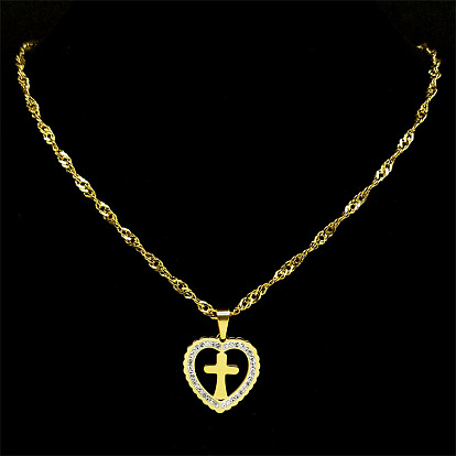 304 из нержавеющей стали Сингапур цепи ожерелья, ожерелья с подвесками в форме сердца из горного хрусталя
