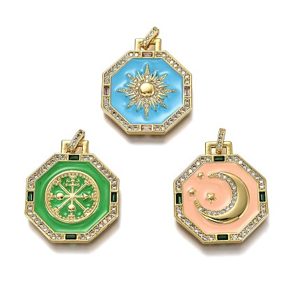 Brass Micro Pave Clear Cubic Zirconia Pendants, Long-Lasting Plated, with Jump Rings & Enamel, Real 18K Gold Plated, Octagon