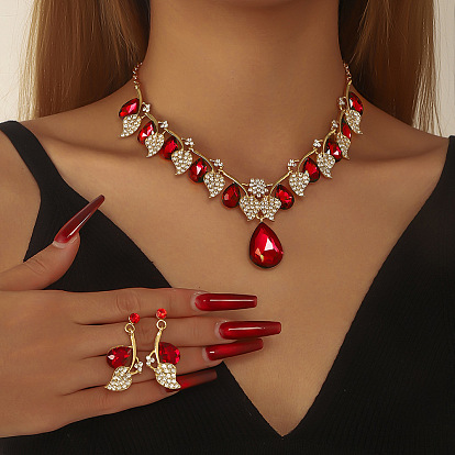 Ожерелья с подвесками из сплава, стразов и стекла и серьги-гвоздики, золотые, слеза с листом