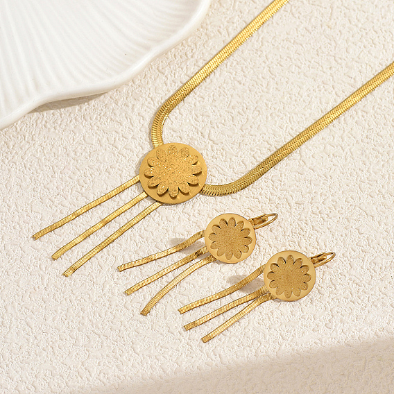 Комплекты серег и ожерелий из нержавеющей стали с плоскими круглыми бусинами и цветком для женщин