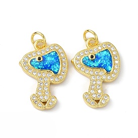Brass Micro Pave Cubic Zirconia Pendants, with Synthetic Opal and Jump Ring