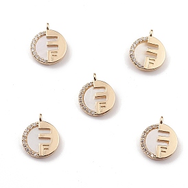 Natural Freshwater Shell Letter Charms, Flat Round with Letter.F, with Brass Crystal Rhinestone Findings