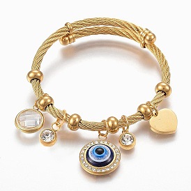 Ajustable 304 brazaletes de acero inoxidable encanto, con resina, vidrio y diamantes de imitación, ojo, corazón, plano y redondo